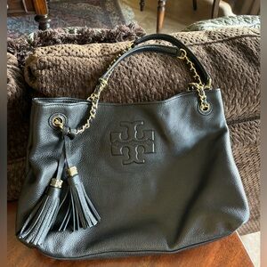 Tory Burch Black Leather Tote with tassels. Gently used in excellent condition!